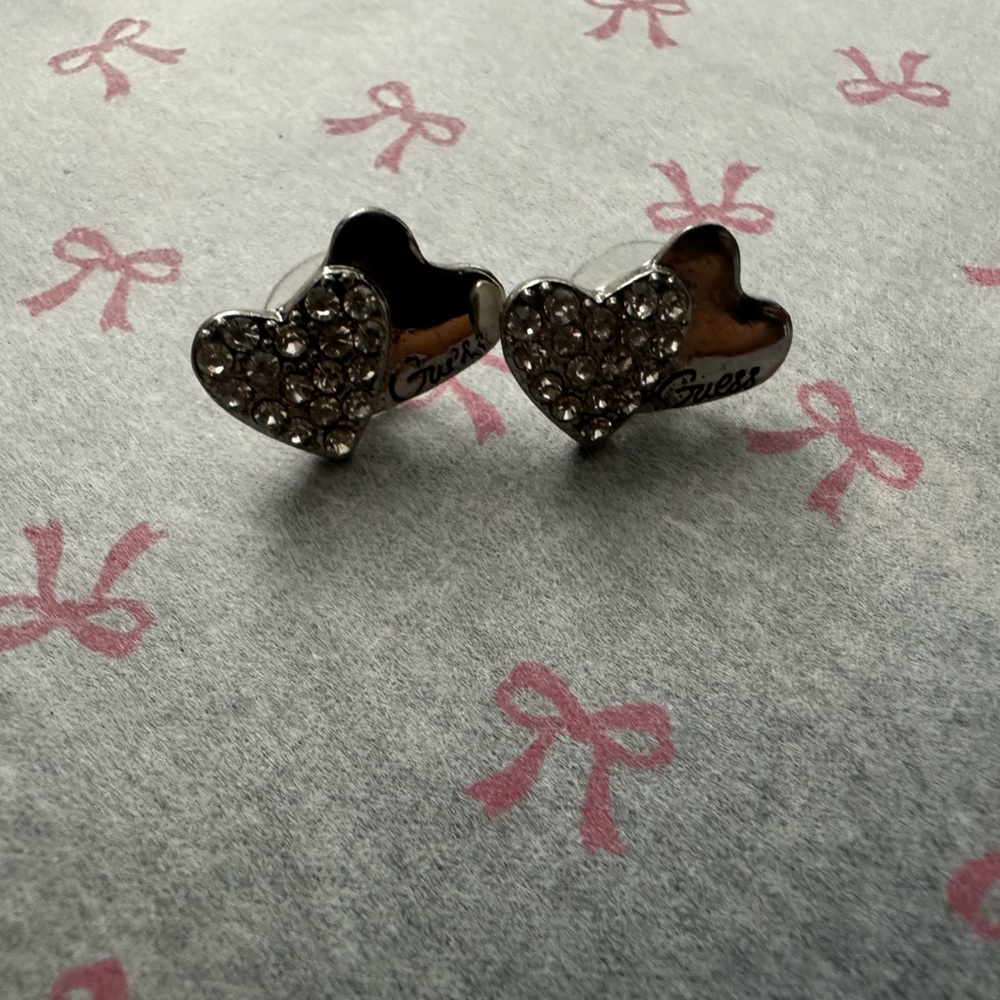 Guess Silver Heart Earrings with Crystals
